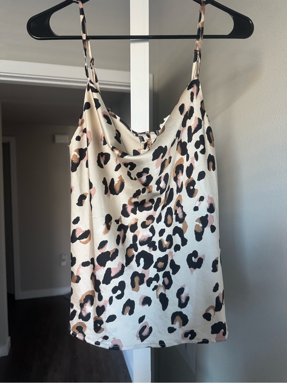 mine Leopard Print Satin Cowl Neck Cami - White, Tan, Black